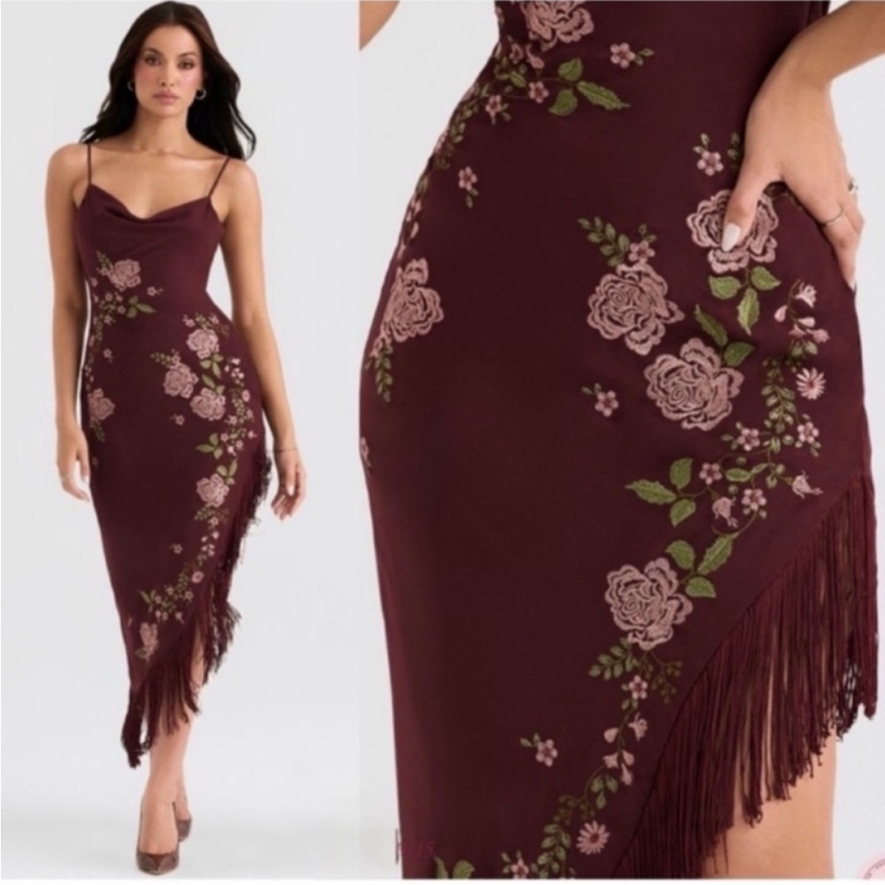 ❤️‍🔥Firm Price❤️‍🔥House of CB ELOISA Wine Embroidered Midi Dress - Picture 10 of 15
